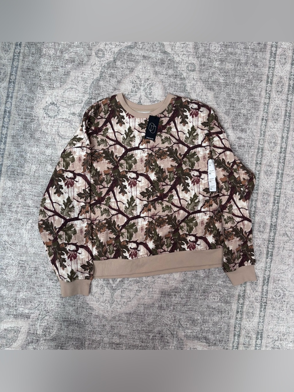 Original Use Men's XL Crewneck Sweater in Beige w Olive & Brown Leaf Print NWT